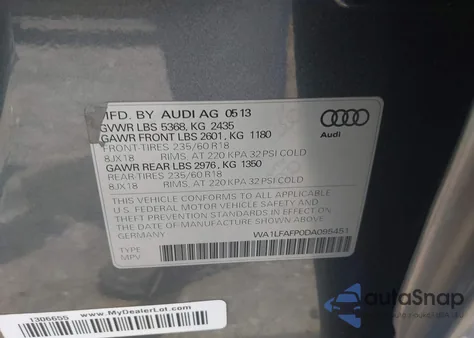 2013 Audi Q5 Premium Plus from USA, damaged, VIN WA1LFAFP0DA095451